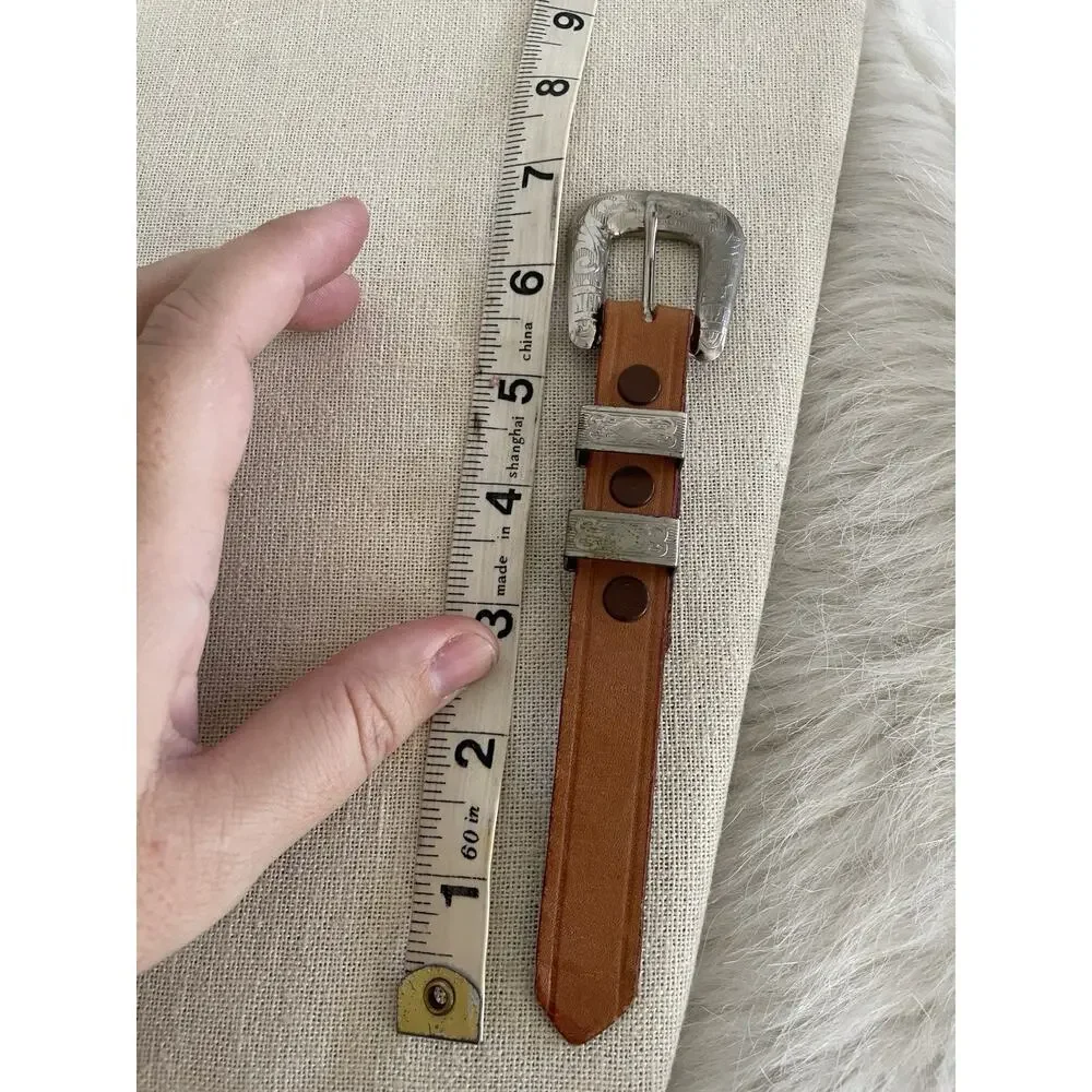 Vintage Leather Tan Belt Ranger Connector Accesory Silver Tone Engraved Parts